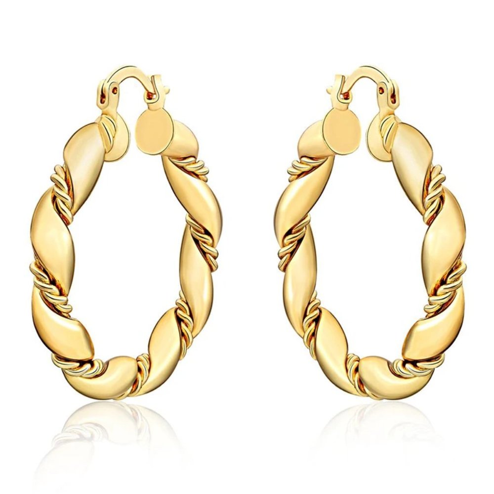 Stunning Rope Design 18k. Gold Over Sterling Silver 35mm Round Hoop Earrings - Picture 3 of 4